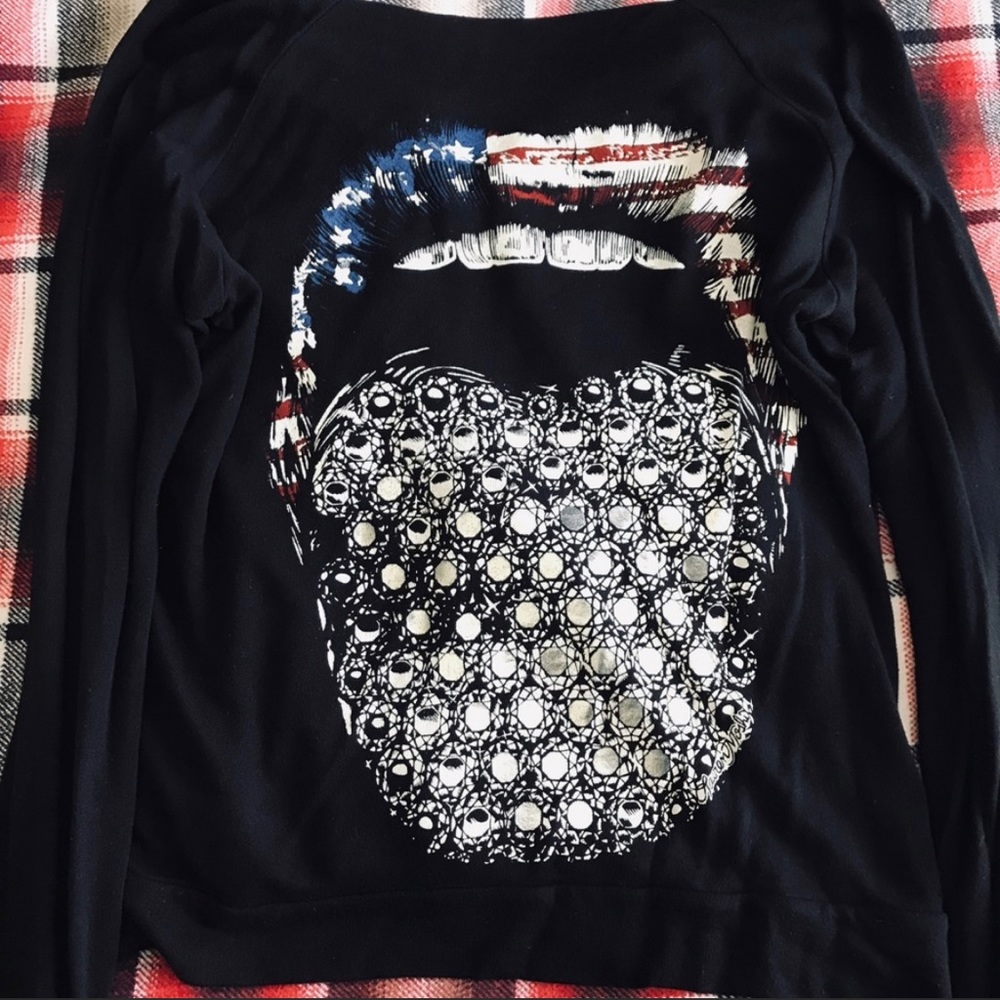 Lauren Moshi Black Sweatshirt with Flag Lips & Studded Tongue Graphic